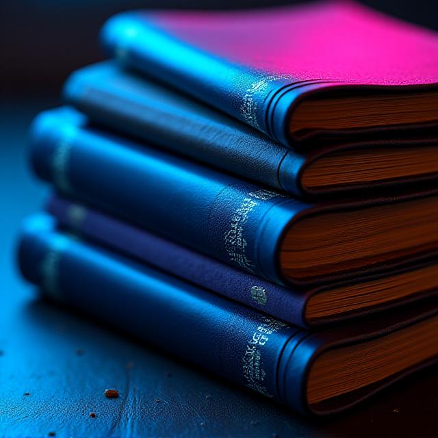 A stack of antique philosophical journals under dramatic neon lighting