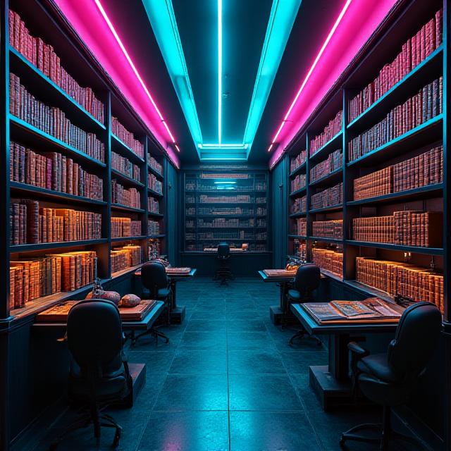 A dimly lit philosophical study with ancient books and neon accents